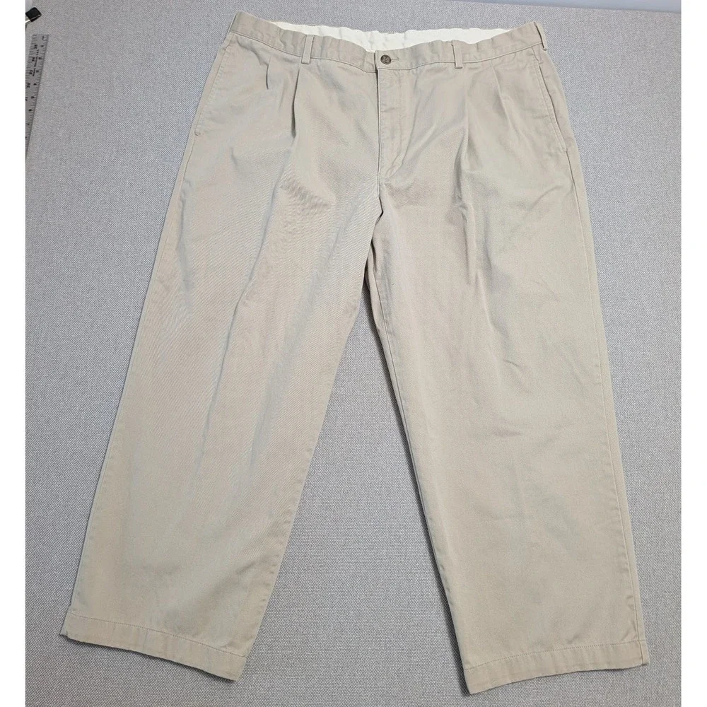 LL Bean Pants Men's Khaki 44x30 Double L Pleated Cotton Chinos Natural Fit